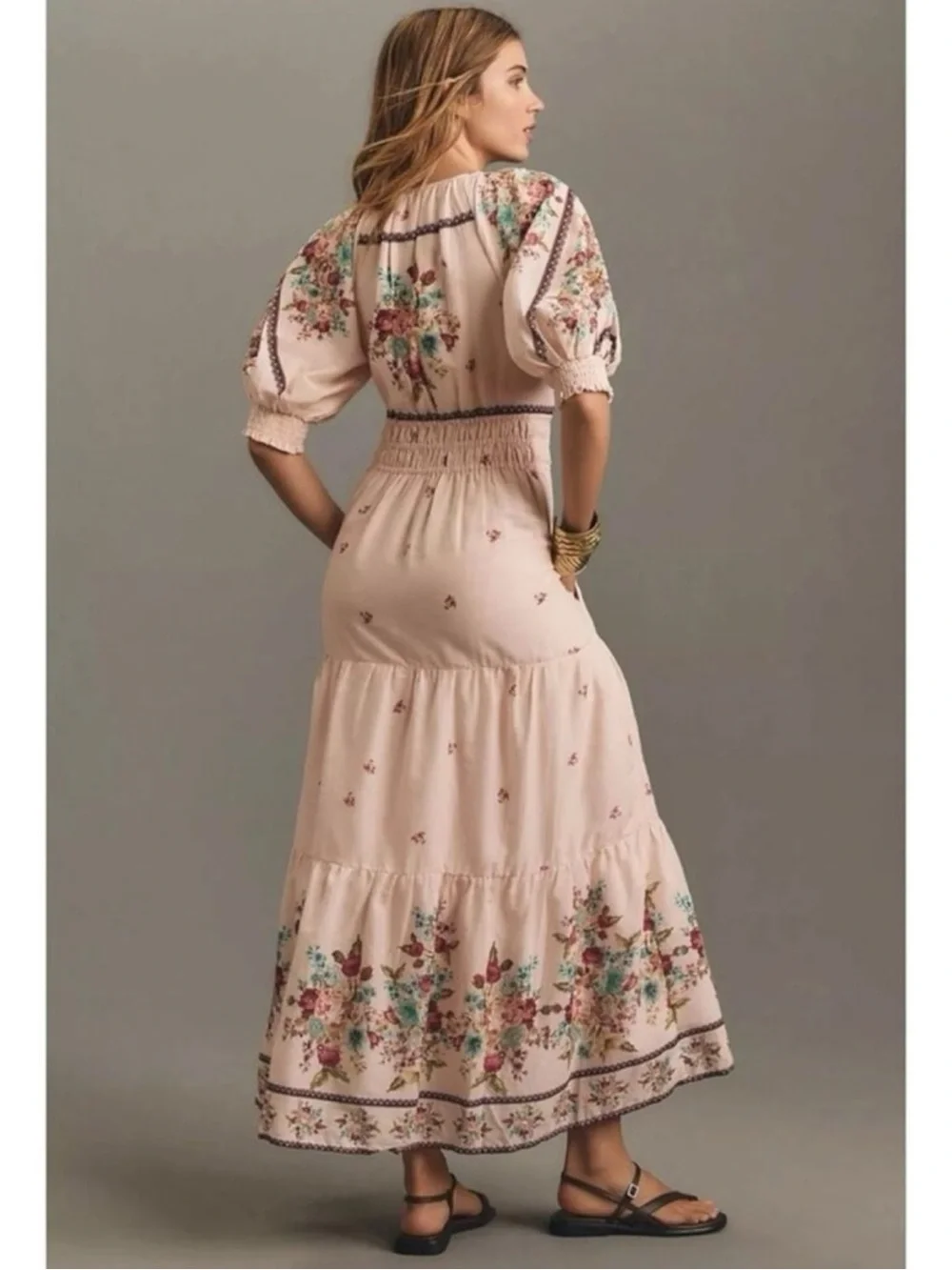 Anthropologie The Somerset Puff Sleeve Maxi Dress Cream Floral Cottage Small - Picture 4 of 13
